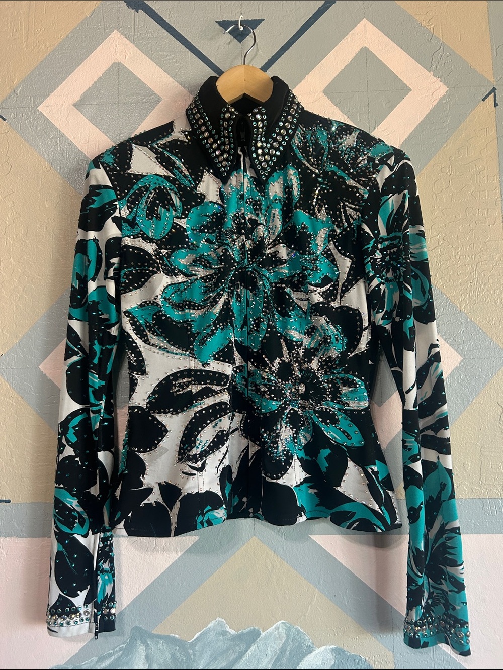 Western Pleasure- Teal Black White Floral Studded Zip-Front Long Sleeve Top